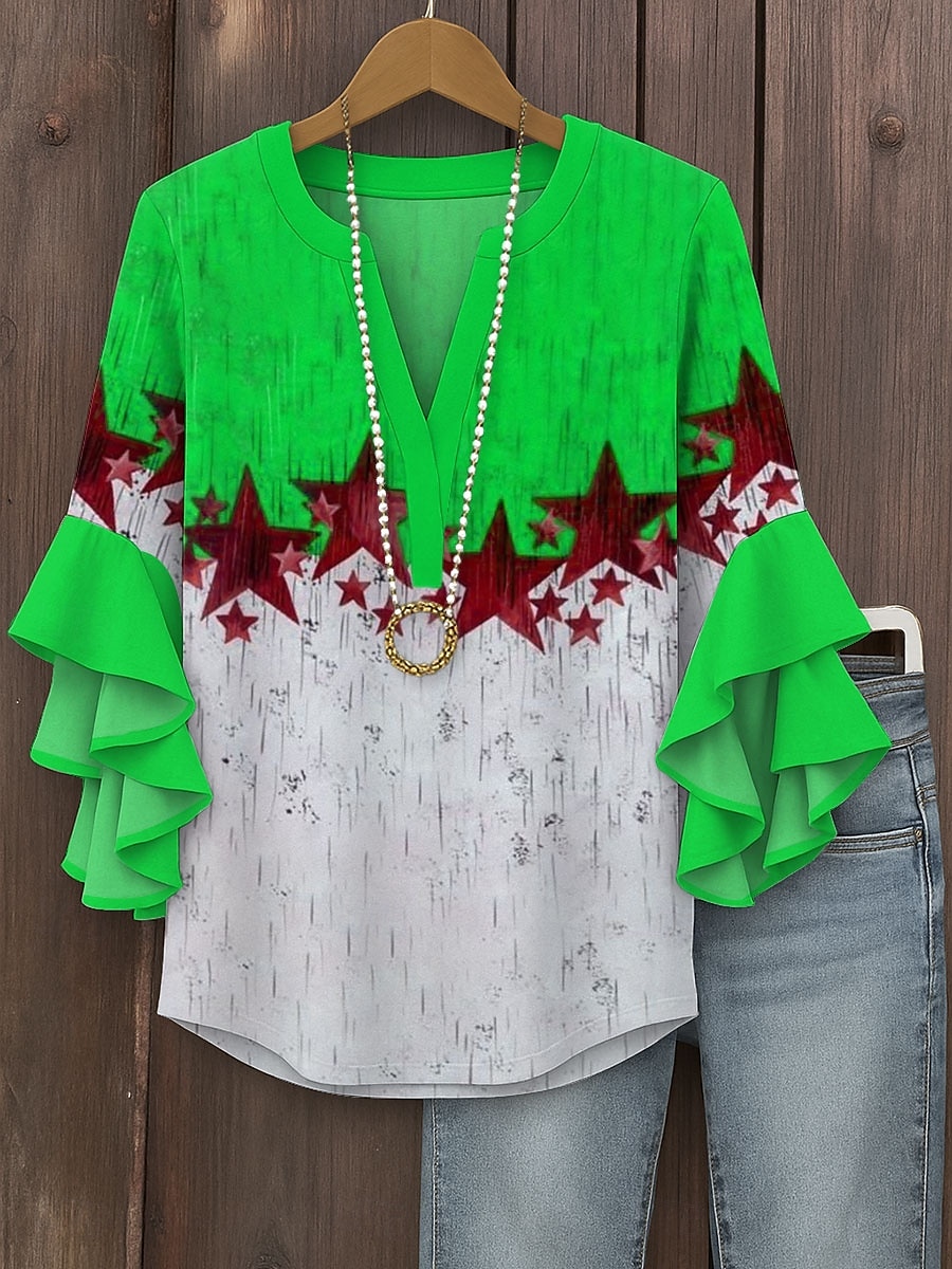 Women's Patriotic Blouse Graphic Flag Vintage Tropical Daily 3/4 Length Sleeve V Neck Regular Tops Daily Holiday Vacation Wear Print Red Fuchsia Green Summer Spring 2025 - $29.99 –P3