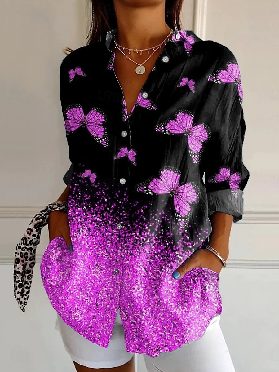 Dámská košile button down tunika s límečkem dlouhým rukávem ombre grafický motýl denní stylové ležérní pravidelné topy denní dovolené potisk růžový modrý fialový oranžový šedý jaro 2025 - $33.99 –P2