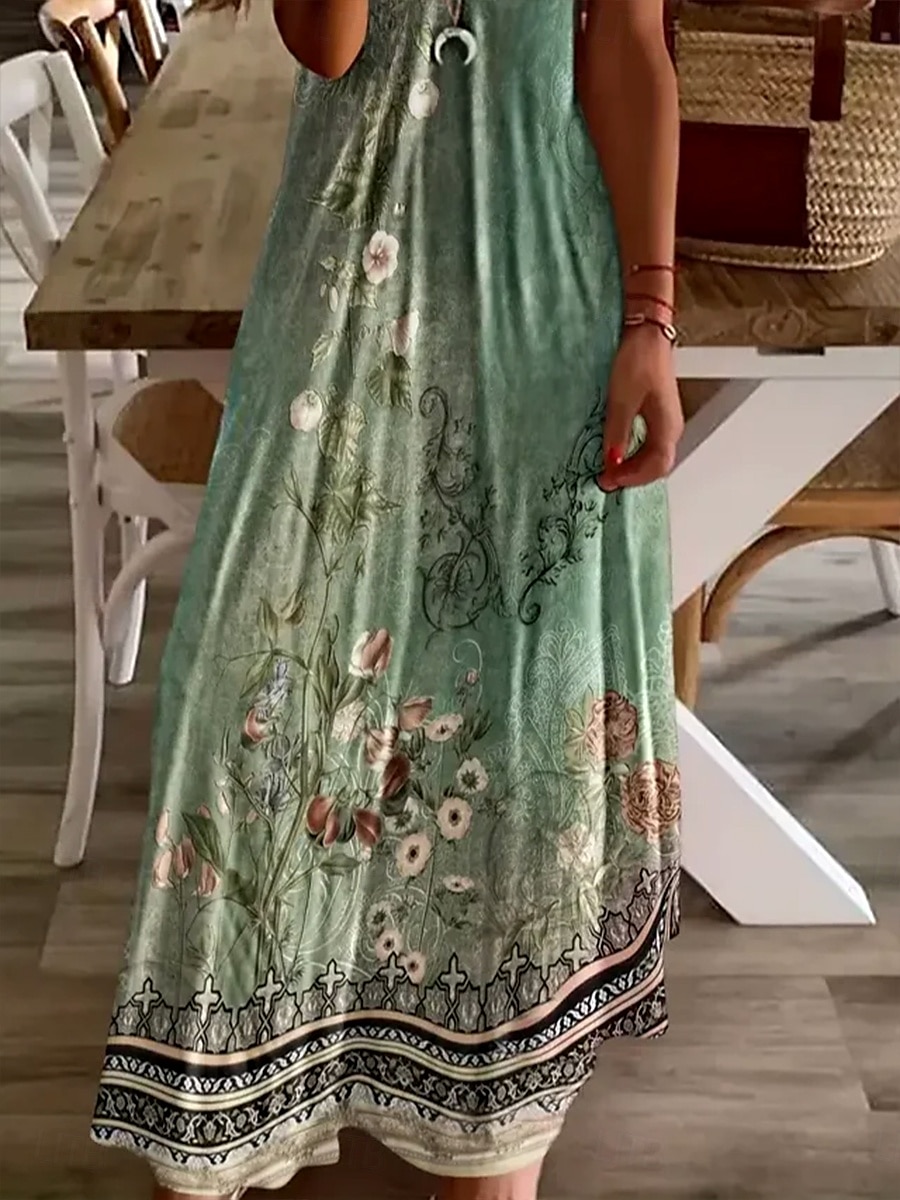Damskie Sukienka maxi Codzienne sukienki Sukienka A line Letnie sukienki Elegancja Urlop Zabytkowe Regularny Kwiaty Graficzny W Tureckie Wzory Krótki rękaw Dekolt w kształcie litery U Jasnozielony 2025 - $30.99 –P6