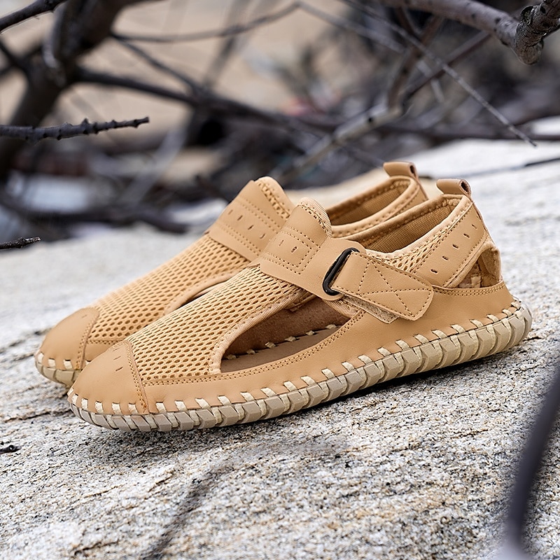 Men's Breathable Mesh Leather Sandals – Casual Hook and Loop Outdoor Fisherman Shoes for Summer Walking and Beach Travel 2025 - $46.99 –P2