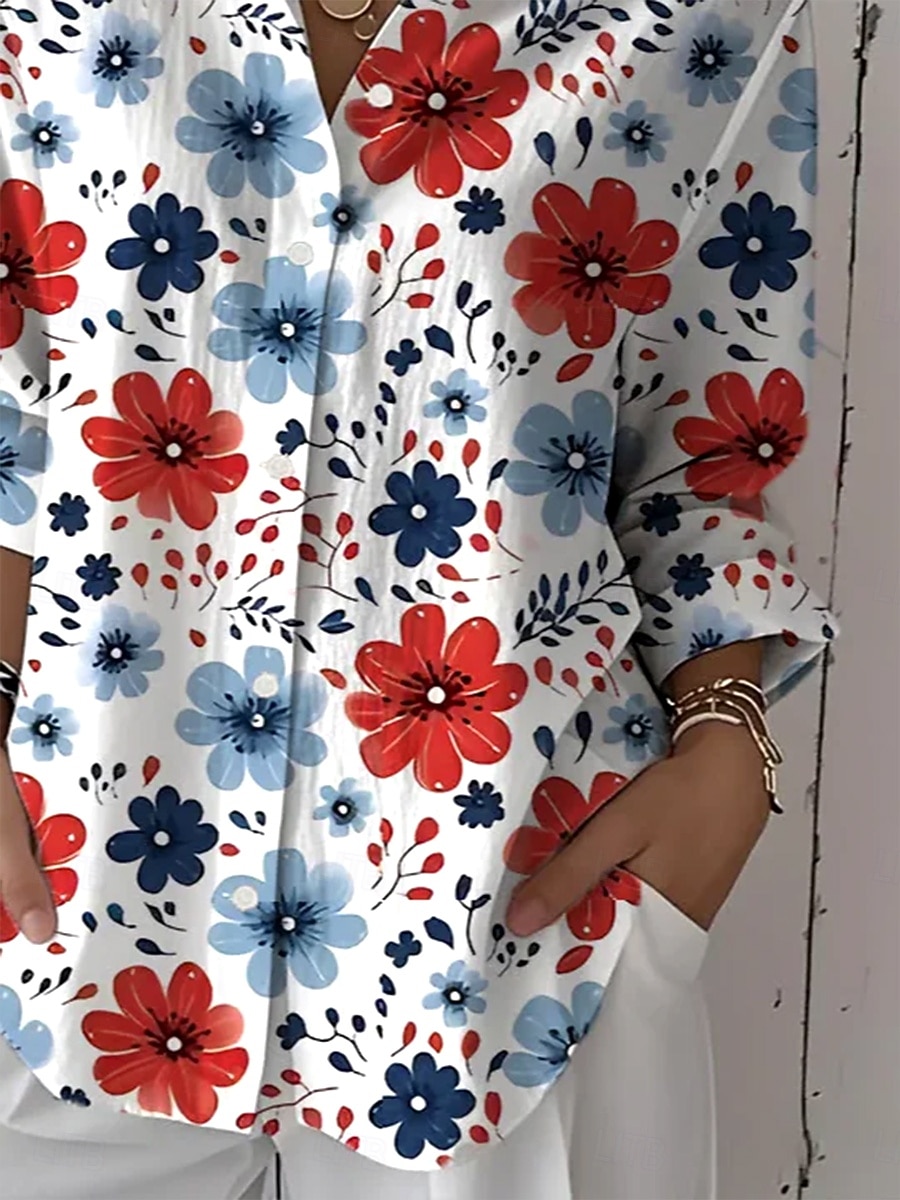 Womens Hemd Leinenähnlich Atmungsaktiv Leicht Button-Down Tunika Hemdkragen Lange Ärmel Blumengrafik Vintage Tropical Täglich Reguläre Tops Arbeit Täglicher Feiertagsdruck Rot Blau Grün Frühling 2026 - $36.99 –P3