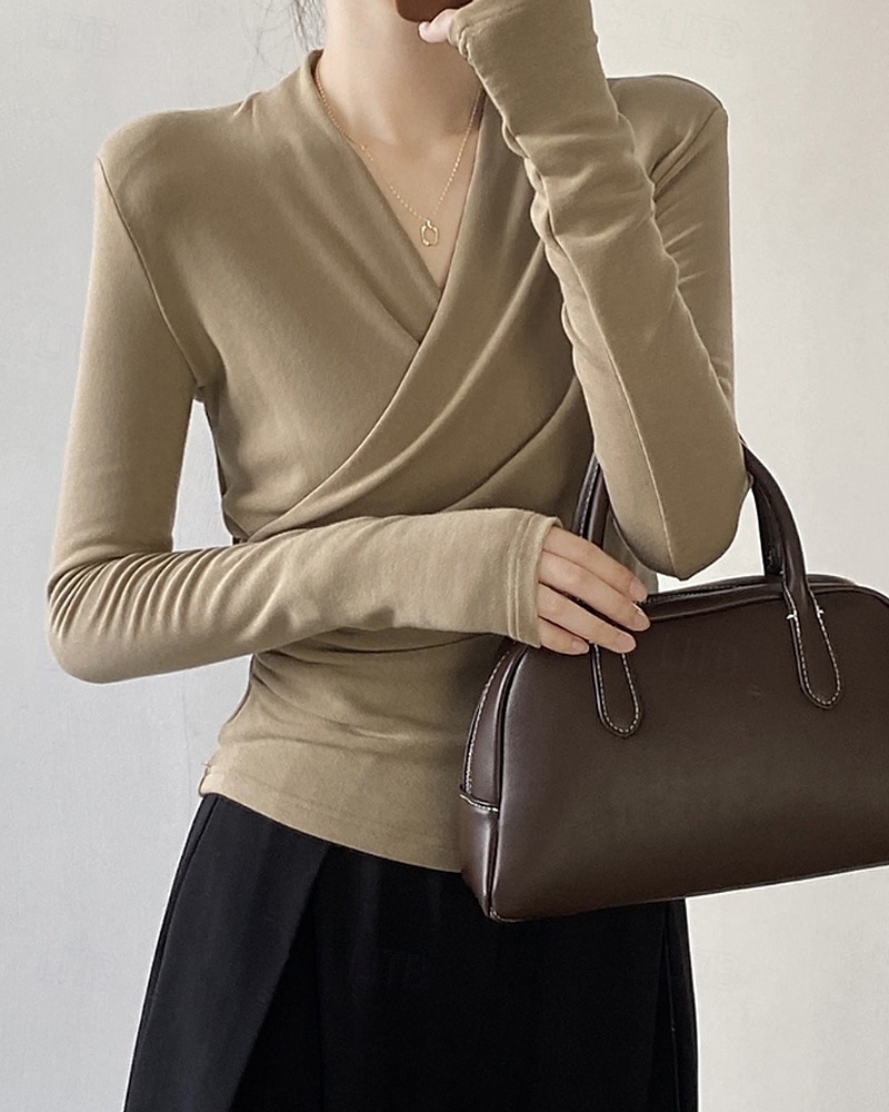 Femmes Chemisier Uni Moderne Occasionnel manche longue Col en V Hauts Réguliers Quotidien Fête Froncé Noir Blanche Marron clair Automne de 2025 ? $22.99 –P1