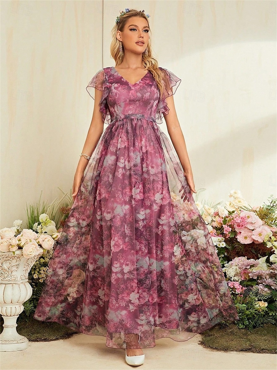 Abiti Quinceanera A-Line abito elegante formale lungo senza maniche scollatura a V in chiffon con stampa floreale del 2025 a $79.99 –P8