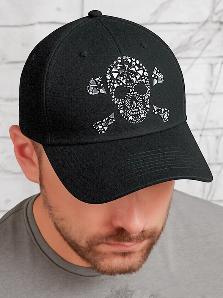 Svart herrkeps med dödskalle och kristalldesign, gotisk och retro stil, perfekt för halloweenfester och gotiska modeentusiaster 2025 - $11.99 –P1
