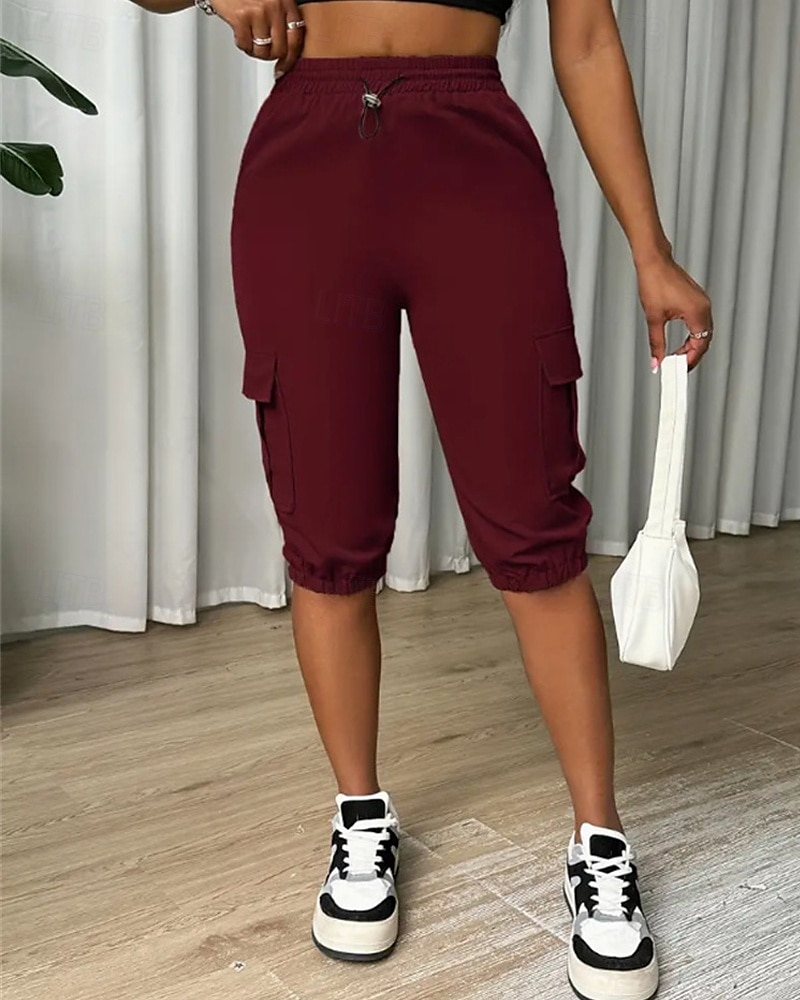Dam Cargo-shorts Capribyxor Mode Streetwear Vadlängd Naturlig Solid färg Ficka Elastisk midja Bekväm Microelastisk Sport & Utomhus Dagliga kläder Vin Svart Rodnande Rosa Armégrön Sommar Vår Normal 2025 - $26.99 –P6