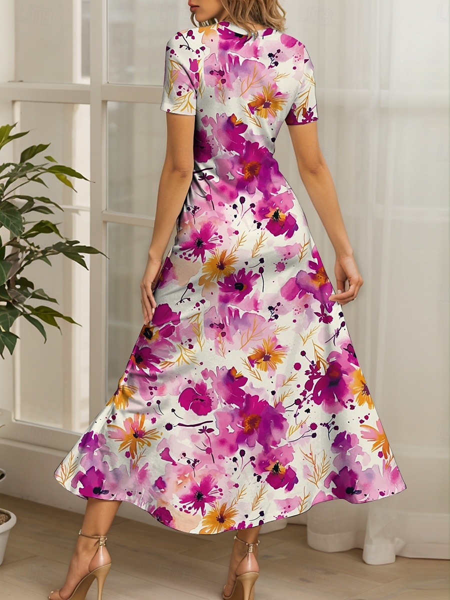 Women's Maxi Dress Casual Dress A Line Dress Summer Dress Elegant Vacation Casual Regular Fit Floral Graphic Short Sleeve Square Neck Yellow Red Blue Purple Summer Fall 2025 - $30.99 –P2