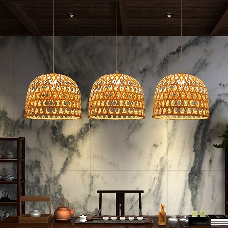 Suspension dôme en rotin de chanvre naturel, luminaire suspendu en osier tressé moderne pour couloir, salle à manger, lampe suspendue en cloche à nervures en rotin tressé ouvert de 2025 ? $126.99 –P1