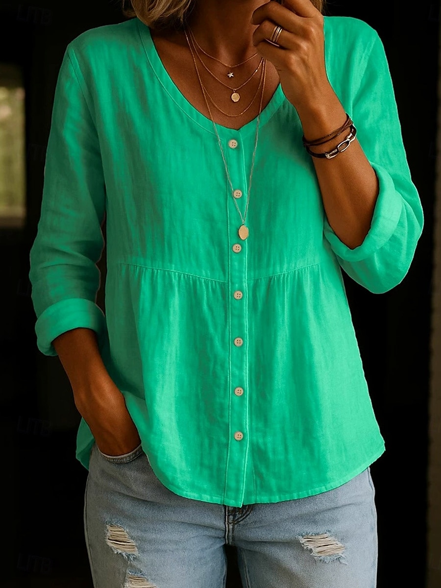 Dames Overhemd Effen Kleur Effen Stijlvol Casual Lange mouw Overhemdkraag Normale tops Dagelijks Knop Gesmokt Wit Geel Blozend Roze Groen Zomer Lente 2025 - $18.99 –P6