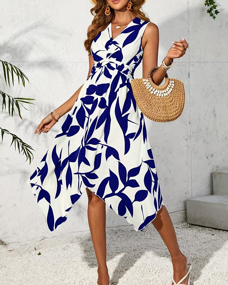 Damen Midikleid Blumenkleid Druckkleid Mode Klassisch Modern Outdoor Urlaub Täglich Normale Passform Blume Ärmellos V Ausschnitt Rosa Blau Aprikose Sommer 2025 - $22.99 –P5