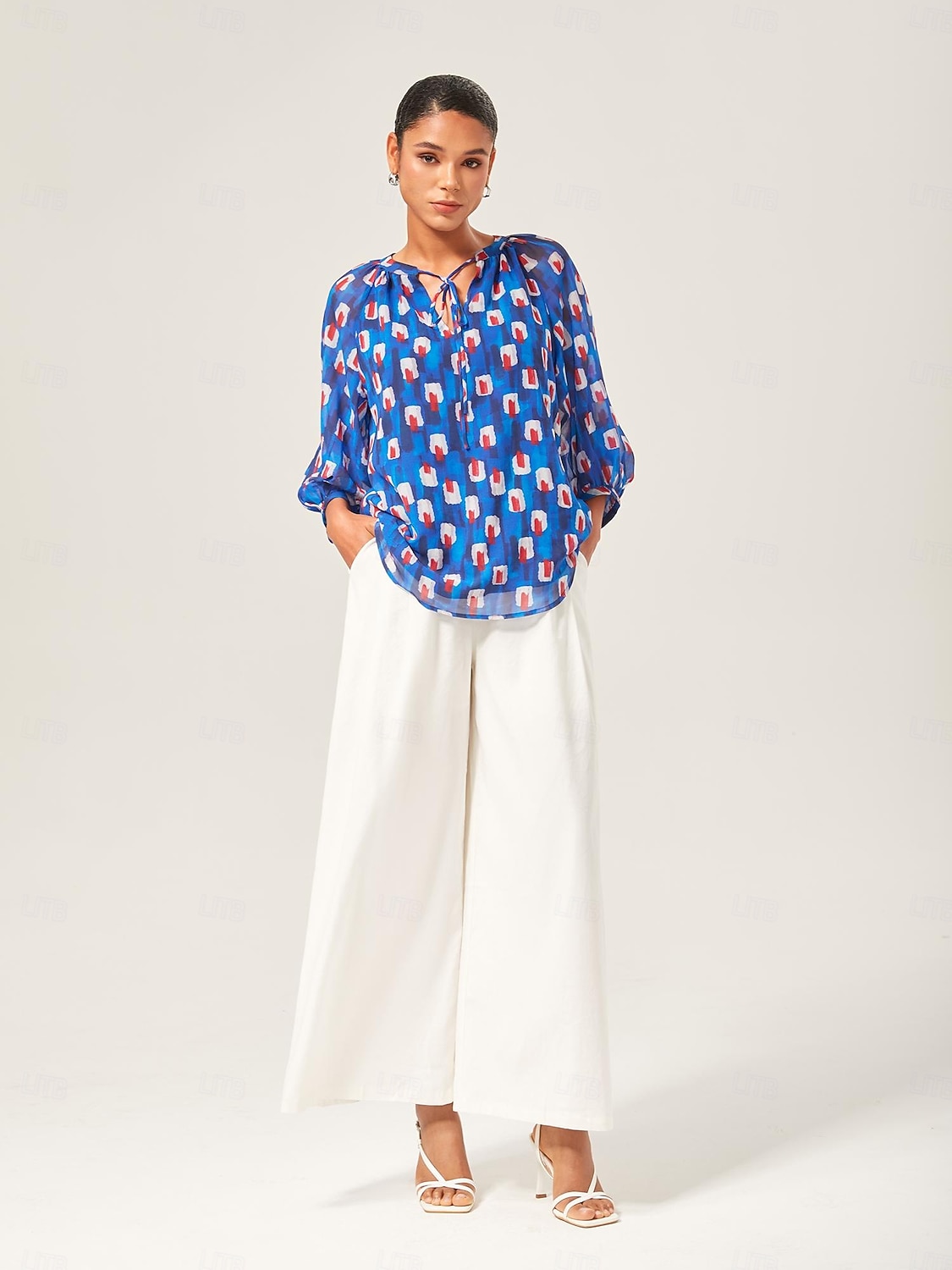 top con maniche a lanterna in chiffon geometrico del 2025 a $57.99 –P5