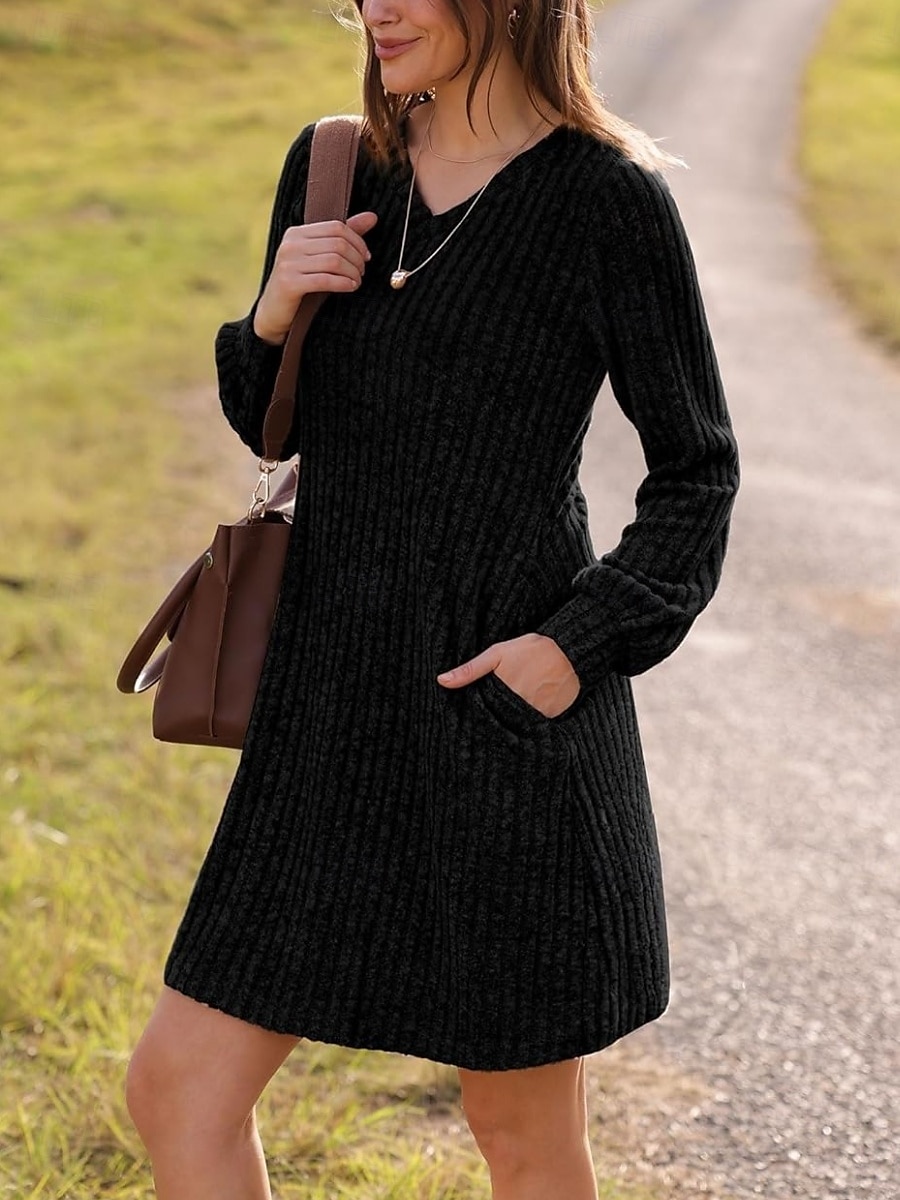 Per donna Mini Abito Abito in maglia Casual Casuale Vestibilità regolare Semplice Manica Lunga Scollo a V Nero Marrone Verde Grigio Autunno Inverno del 2025 a $22.99 –P6