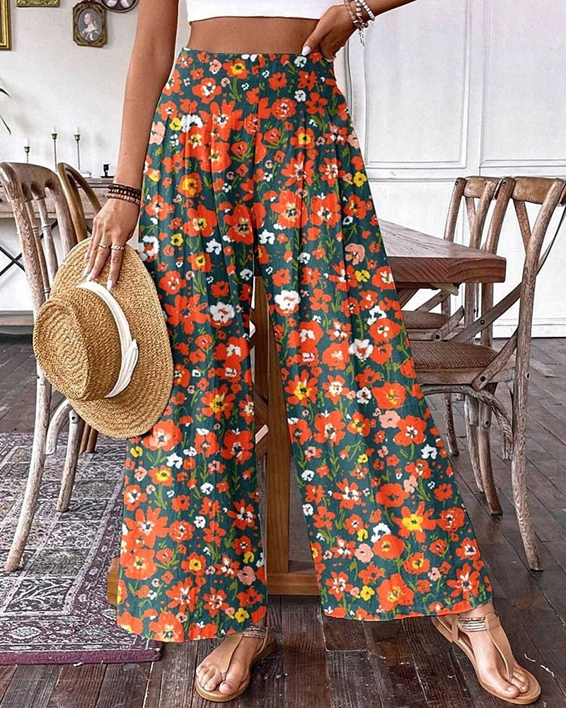 Pentru femei Pantaloni Pantaloni Palazzo Modă Boho Lungime totală Talie Înaltă Floral Talie elastică Confortabil Comfortabil Micro-elastic Stradă Purtare Zilnică Ieșire Roz Portocaliu Vară Primăvară 2025 - $17.99 –P4