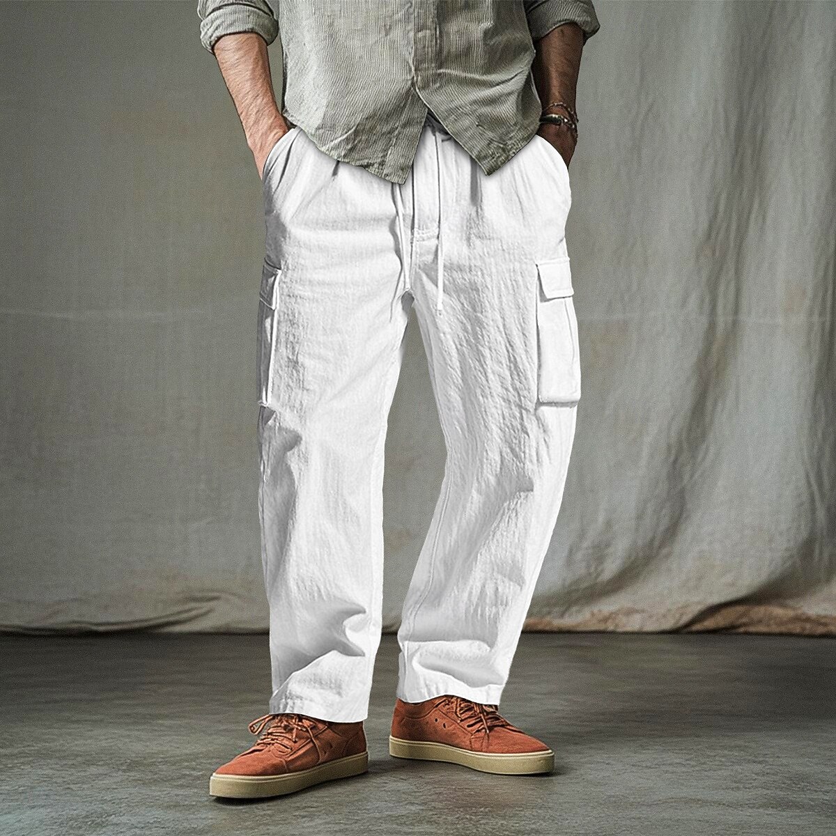 Men's Cargo Pants Trousers Shorts Summer Pants Beach Pants Drawstring Elastic Waist Multi Pocket Solid Color Plain Comfort Breathable Full Length Outdoor Daily Holiday Vacation Fashion Black White 2025 - $25.99 –P5