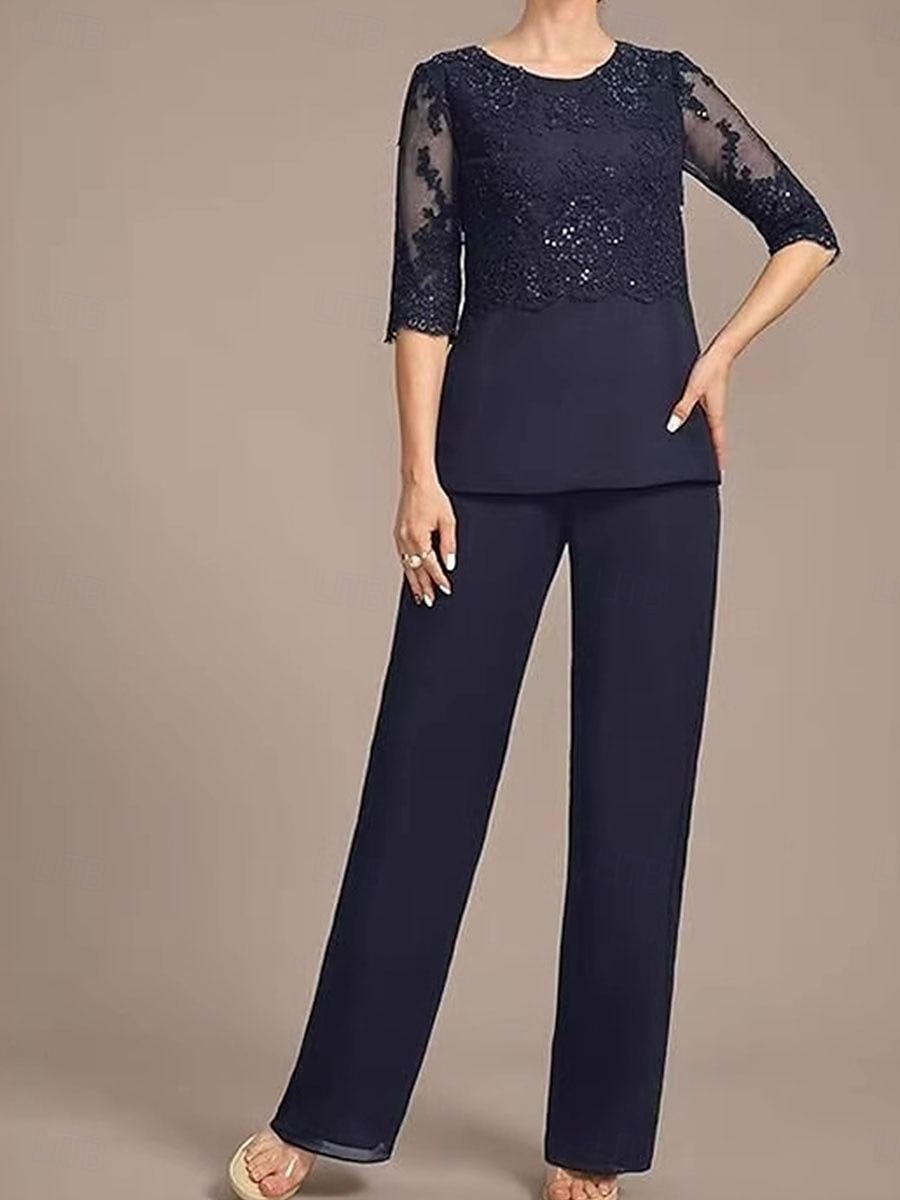 Completo da Madre della Sposa Elegante Vintage Collo Rotondo Lunghezza Caviglia Manica Mezza con Colore Solido del 2025 a $129.99 –P5