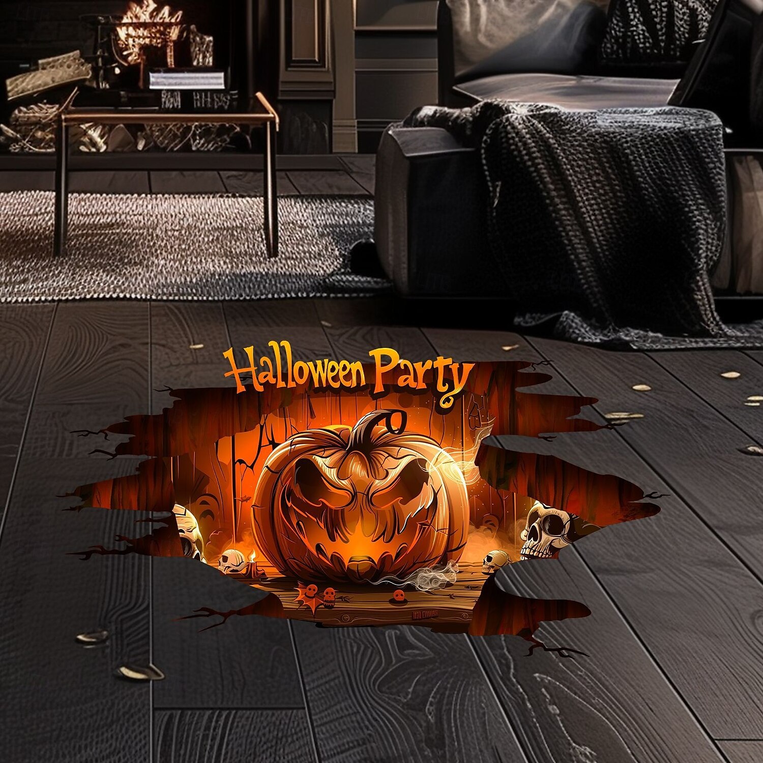 Halloweenská samolepka na podlahu a zeď s 3D strašidelným dýňovým průlomovým designem, samolepicí podlahová a nástěnná dekorace do obývacího pokoje a ložnice. 2025 - $6.49 –P2