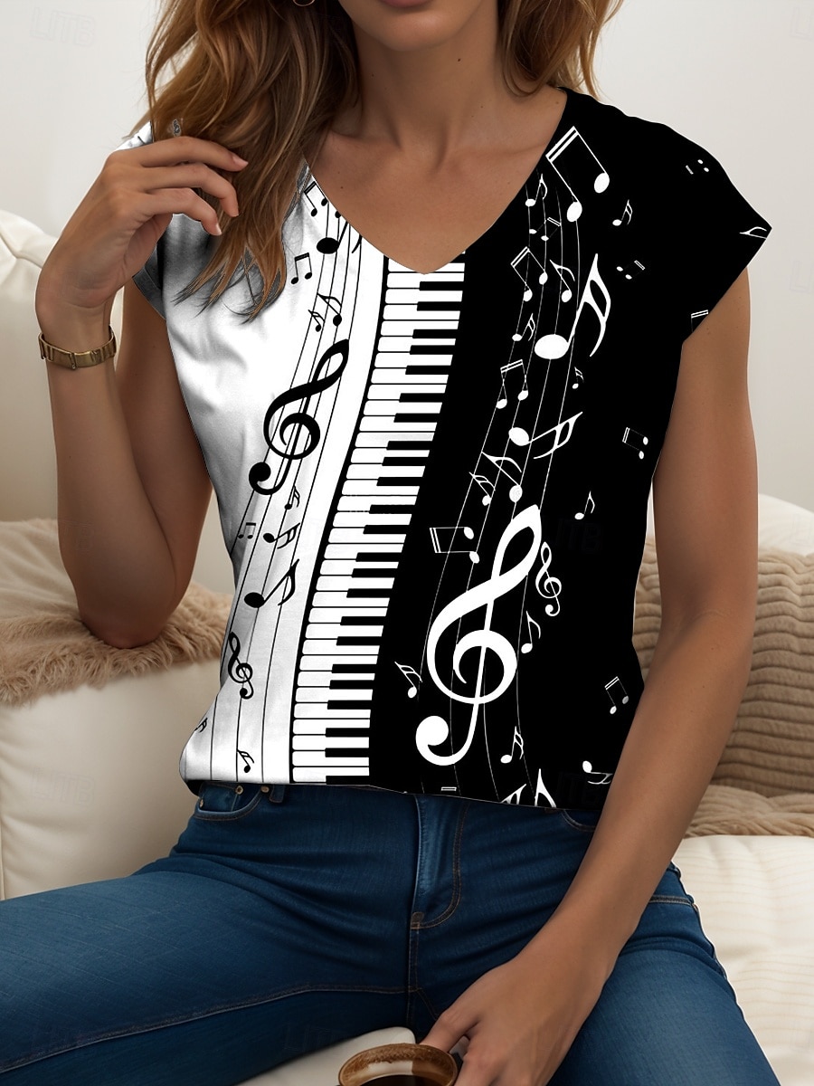 Canotta da donna con stampa geometrica a righe, vintage, elegante, casual, senza maniche, scollo a V, normale, da giorno, in bianco e nero, estate del 2025 a $17.99 –P1