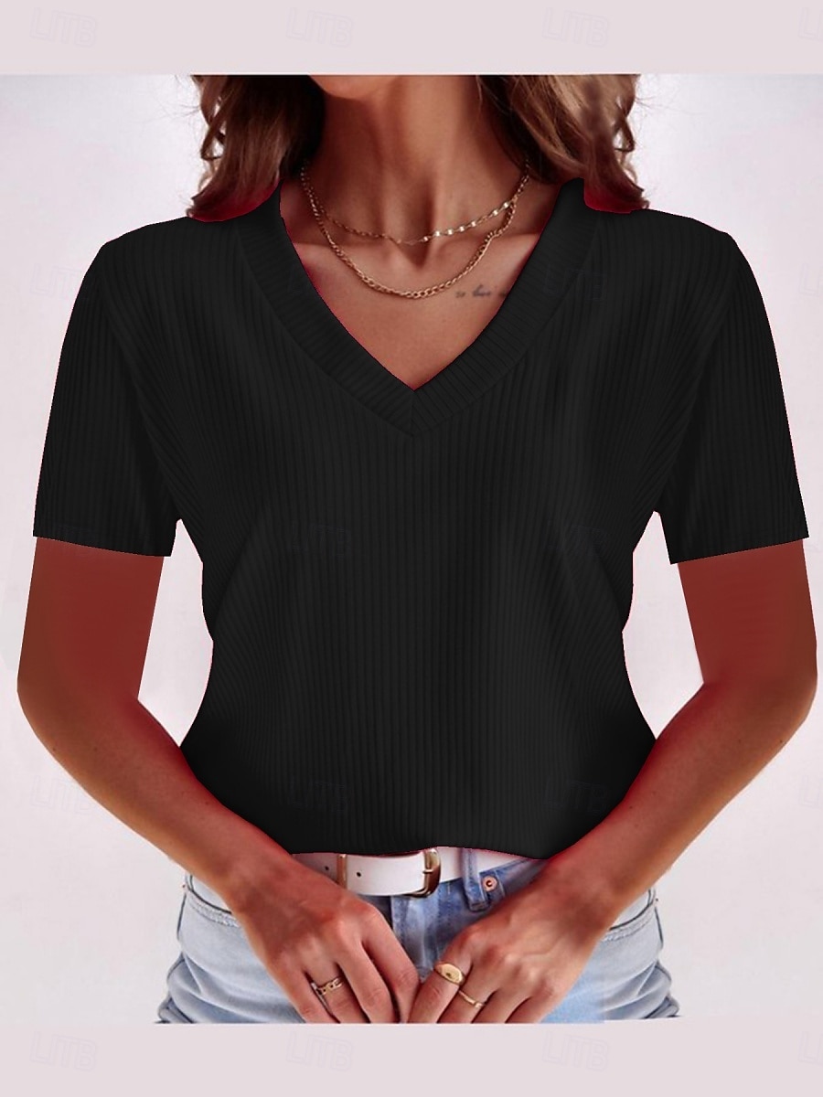 Femmes T-shirt Couleur Unie Mode Élégant Classique Manche Courte Col en V Hauts Réguliers Quotidien Week-end Noir Vin Rouge Bleu Fuchsia Été de 2025 ? $18.99 –P14