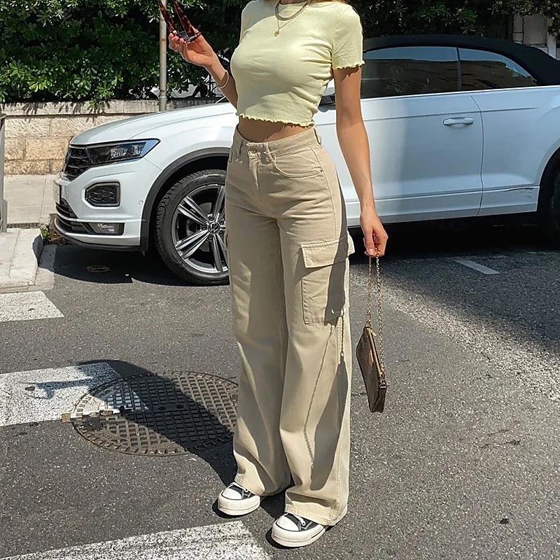 Dam Militärbyxor Byxor Rak Mode Streetwear Fullängd Naturlig Solid färg Ficka Bekväm Microelastisk Sport & Utomhus Dagliga kläder Aprikos Sommar Höst Normal 2025 - $26.99 –P1