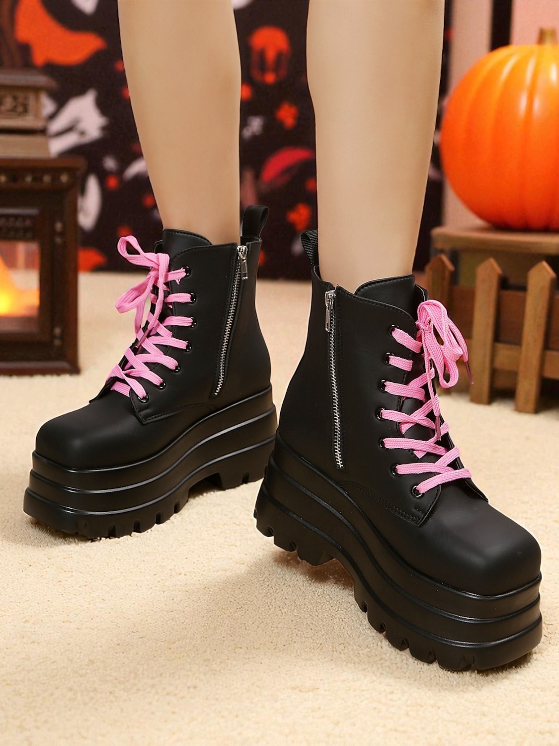 Botas de combate femininas góticas plataforma - botas pretas grossas de amarrar no tornozelo com caveira rosa para cosplay, Halloween e streetwear punk de 2025 por $46.99 –P2