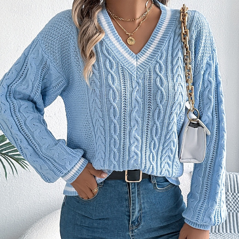 Damen Pullover Lässig Farbblock Gerippt V Ausschnitt Patchwork Gestrickt Langarm Normale Oberteile Stricken Täglich Ferien Ausgehen Weiß Blau Herbst 2025 - $24.99 –P11