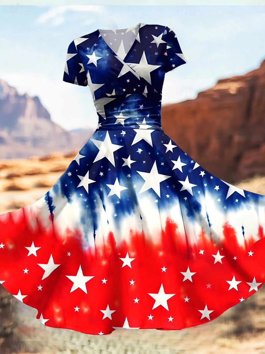 Patriotische Midi-jurk voor dames Jurk Pasvorm en Flair Jurk Feest Casual Dagelijks Vakantie Grafisch Vlag Sterren en Strepen Korte Mouwen V-hals Koninklijk Blauw Blauw Donker Blauw 2025 - $27.99 –P2