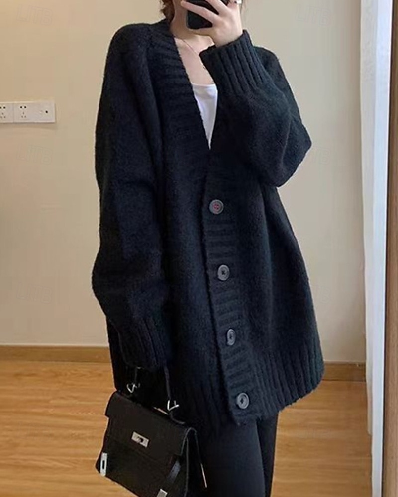 Damen Pullover Strickjacke Mode Einfarbig Gerippt V Ausschnitt Knöpfe Gestrickt Langarm Normale Oberteile Stricken Täglich Ferien Ausgehen Schwarz Dunkelgray Herbst 2025 - $28.99 –P10
