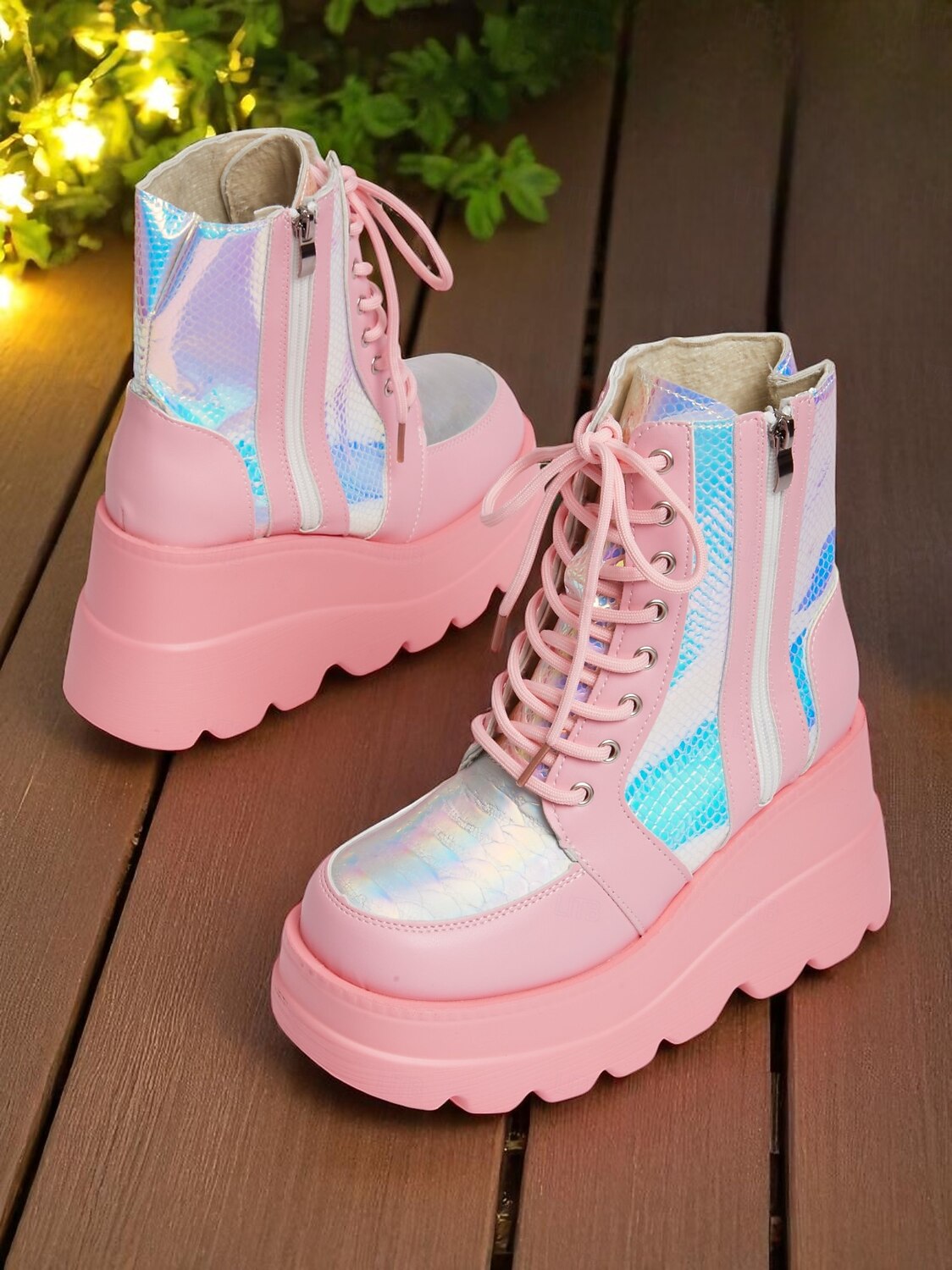 Botas de combate femininas plataforma rosa, botas de cano curto holográficas com cadarço e salto grosso com zíper lateral, estilo de rua ousado para vida noturna e roupas de festa de 2025 por $34.99 –P5