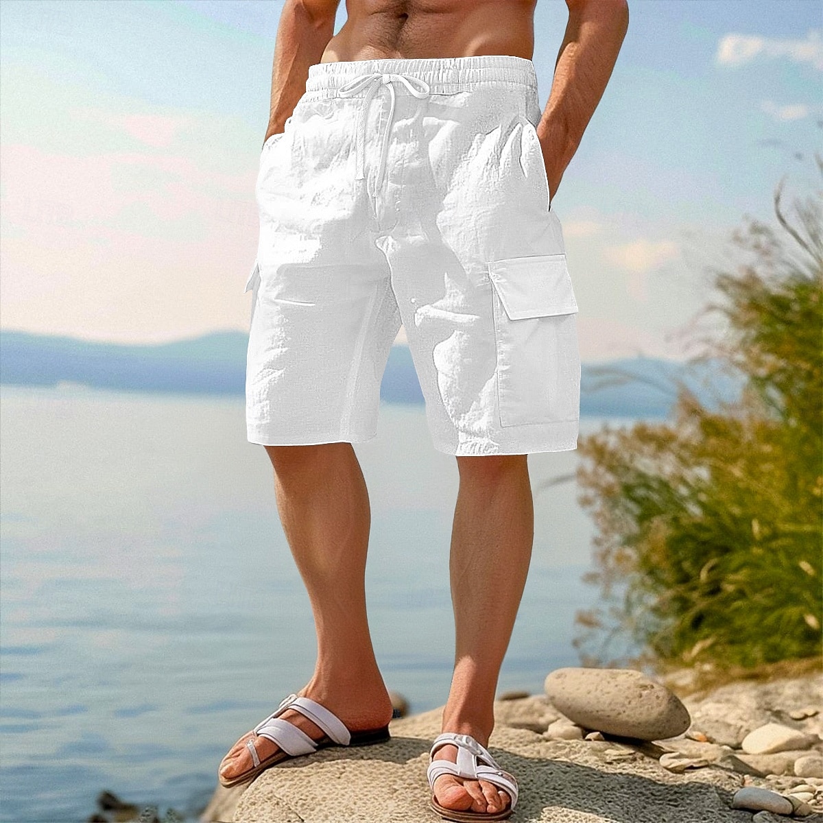 Homens Bermuda Cargo Calção Shorts de linho Shorts de verão Shorts de praia Cintura elástica Com Cordão Bolso multi Tecido Comprimento do joelho Ao ar livre Praia Férias Havaiana Preto Branco Sem de 2025 por $22.99 –P2