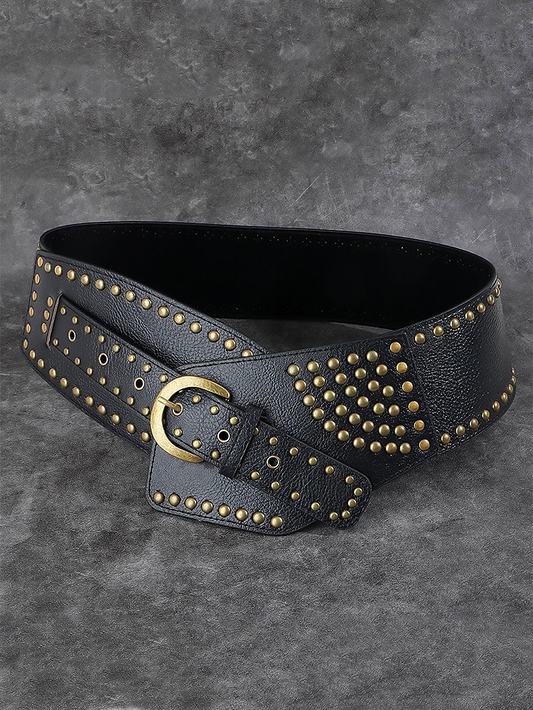 Brett svartbrunt dambälte i konstläder - vintage nitdesign med mässingsspänne, perfekt för klänningar, cosplay och gotiska kostymer 2025 - $18.99 –P5