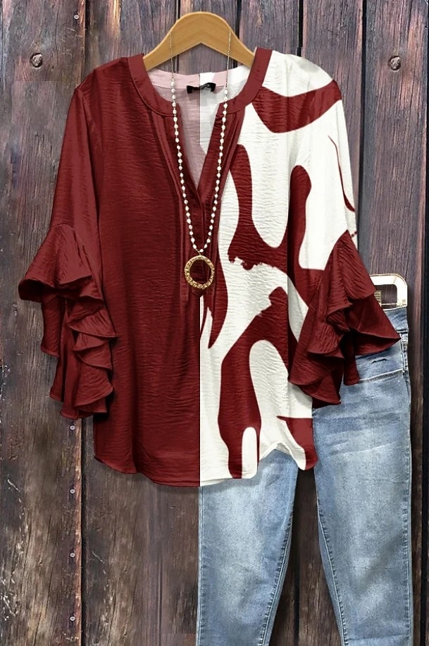 Per donna Blusa Floreale Grafico Geometrico Bohemien Vintage Quotidiano Manica 3/4 Manica a Volant Scollo a V Top Regolari Quotidiano Ferie Abbigliamento da vacanza Volant Stampato Nero Rosa Blu del 2025 a $29.99 –P4