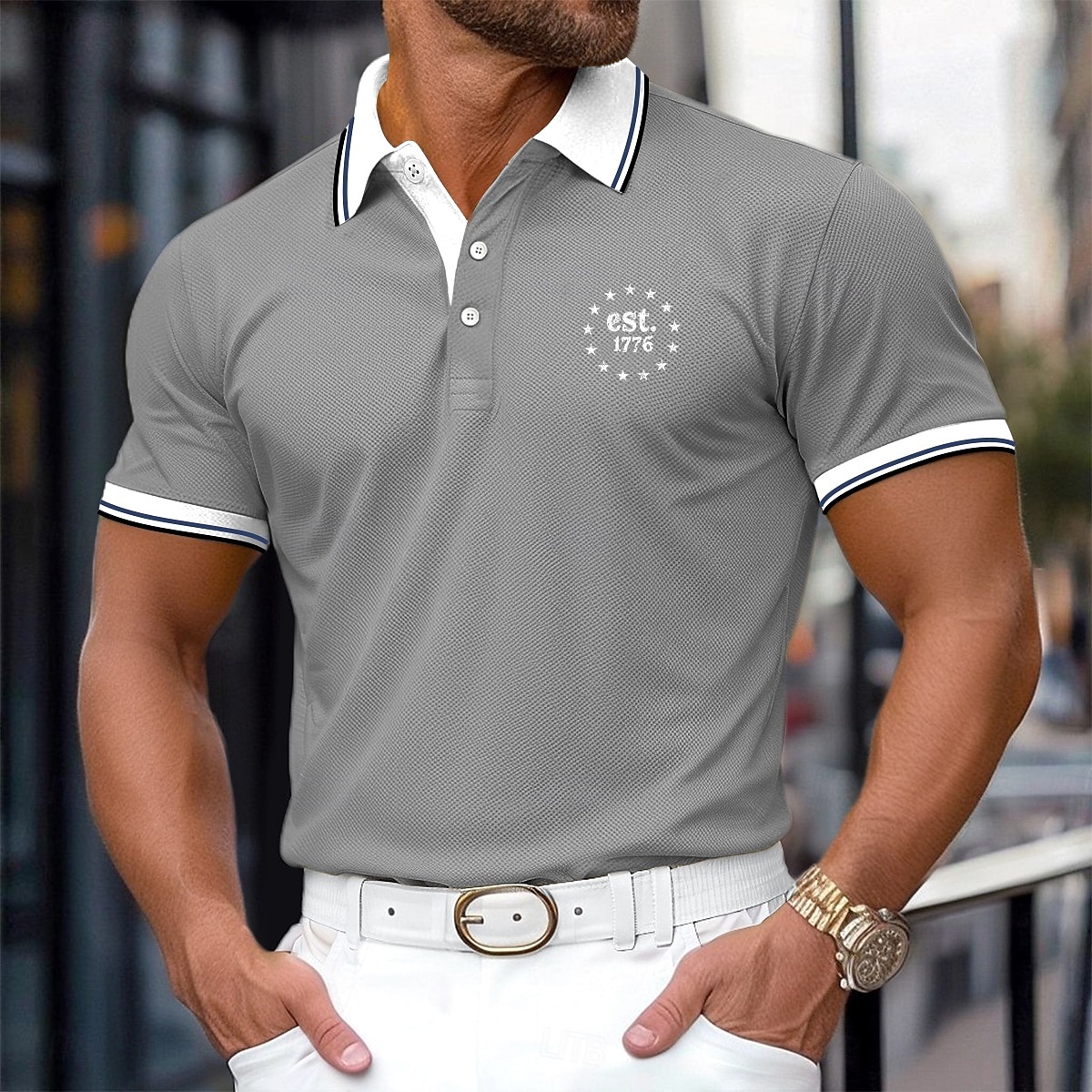 Férfi Golfing Hétköznapi Sport Hajtóka Bordás pólógallér Rövid ujjú Alap Modern Színes Sas Kollázs Gombok Nyár Sárga Rubin Sötétkék Szürke Golfing 2025 - $23.99 –P7