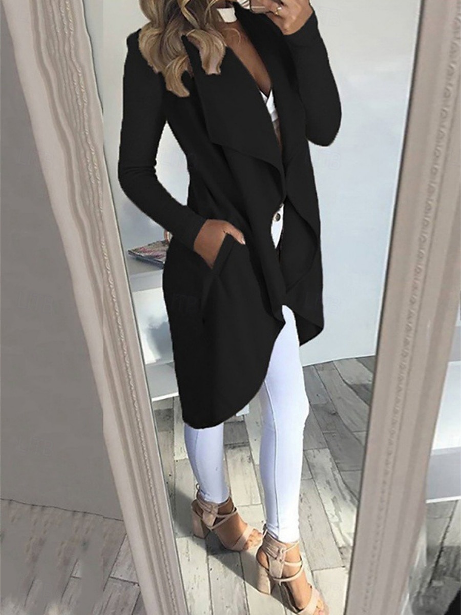 Dames Vrijetijdsjas Ademend Comfortabel Zak Modieus Casual Effen Vakantie Straat Casual Alledaagse kleding Open voorzijde Lang Strijkijzer Slank Lange mouw bovenkleding Zwart Wijn blauw Zomer Lente 2025 - $29.99 –P5