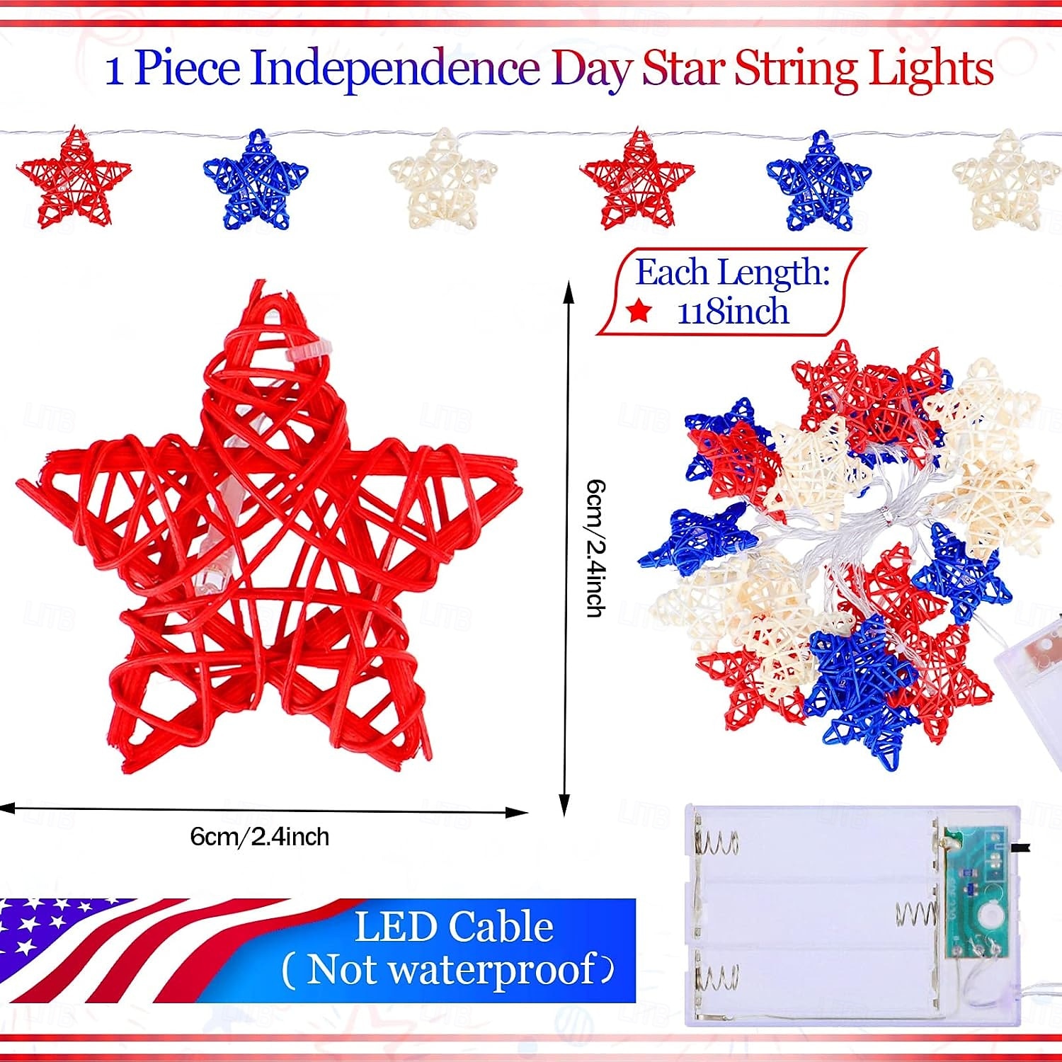 1 Pc 3M-20 LED Star String Lights Red, White, Blue Vine Weaving Pentagram Light String July 4th Independence Day Party Patriotic Atmosphere Decorative Light AAA Battery Box 2025 - $14.49 –P6