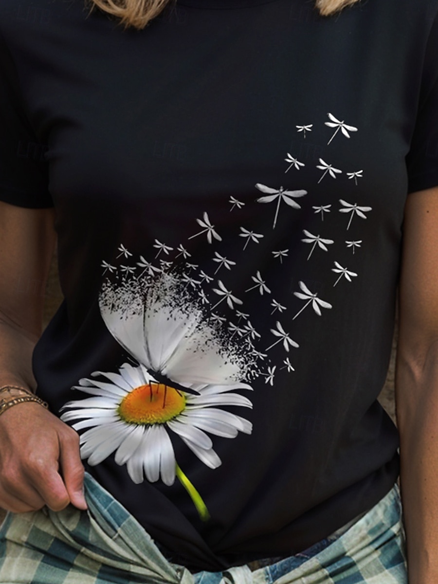 Femmes T-shirt Fleuri Graphique Papillon Occasionnel Manche Courte Col ras du cou Col rond Hauts Réguliers Quotidien Sortir Week-end Imprimé Noir Été de 2025 ? $19.99 –P3