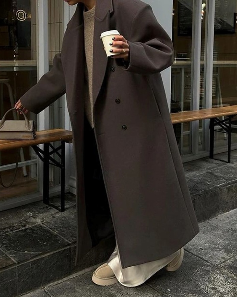 Dam Kappa Håller värmen Bekväm Ficka Knappar Mode Slät Utekväll Helgen Dubbelknäppt Lång Nedvikt Normal Långärmad Ytterkläder Kaffe Höst Vinter 2025 - $47.99 –P1