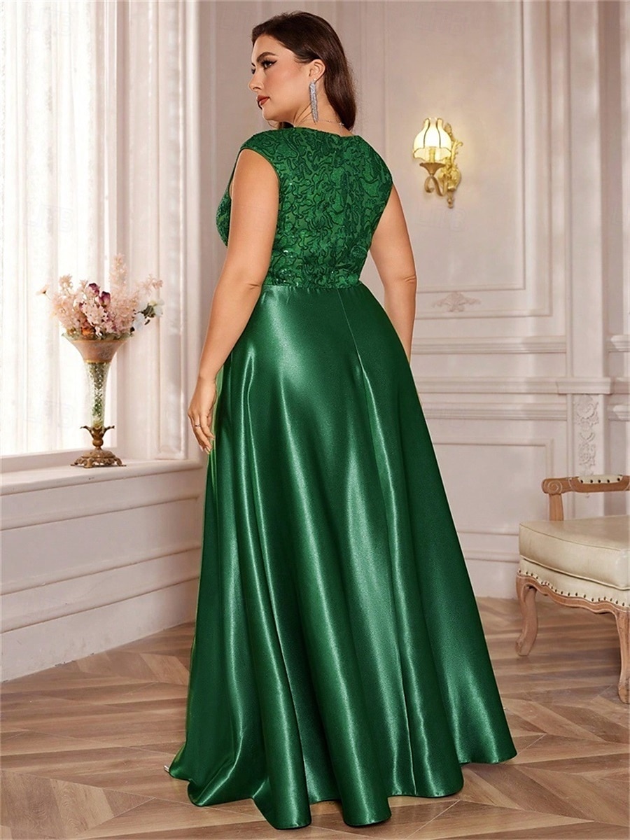 Robe A-Line Grande Taille Élégante Robe Courbe De Mariage Formelle Longue Au Sol Manches Courtes Col en V Satin Dos Nu Avec Plis 2025 de 2025 ? $119.99 –P33
