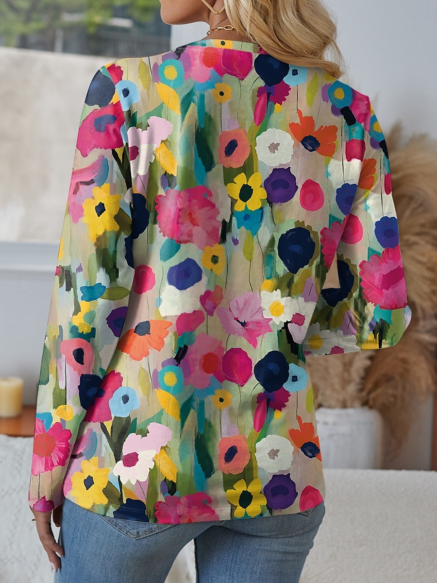 Maglietta da donna a manica lunga con scollo a girocollo tunica grafica floreale vintage elegante casual tops regolari stampa weekend rossa blu viola verde estate del 2025 a $22.99 –P2