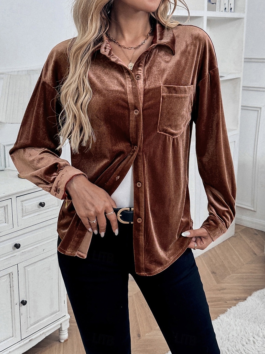 Damen Hemd Einfarbig Elegant Stilvoll Lässig Langarm Hemdkragen Normale Oberteile Täglich Knöpfe Rote Blau Braun Grün Sommer Frühling 2025 - $32.99 –P15
