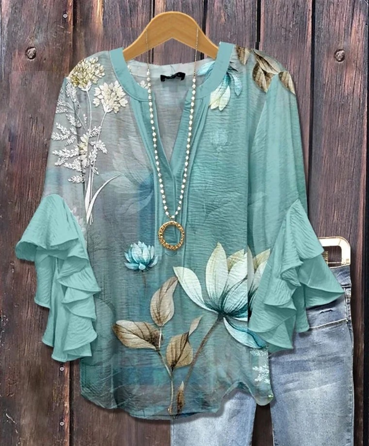 Damen Bluse V-Ausschnitt Blumen Grafik Elegant Bohemia Ethnisch 3/4 Länge Ärmel Reguläre Tops Täglich Urlaub Ferien Kleidung Rüsche Print Pink Blau Grün Khaki Sommer Frühling Herbst 2025 - $29.99 –P2