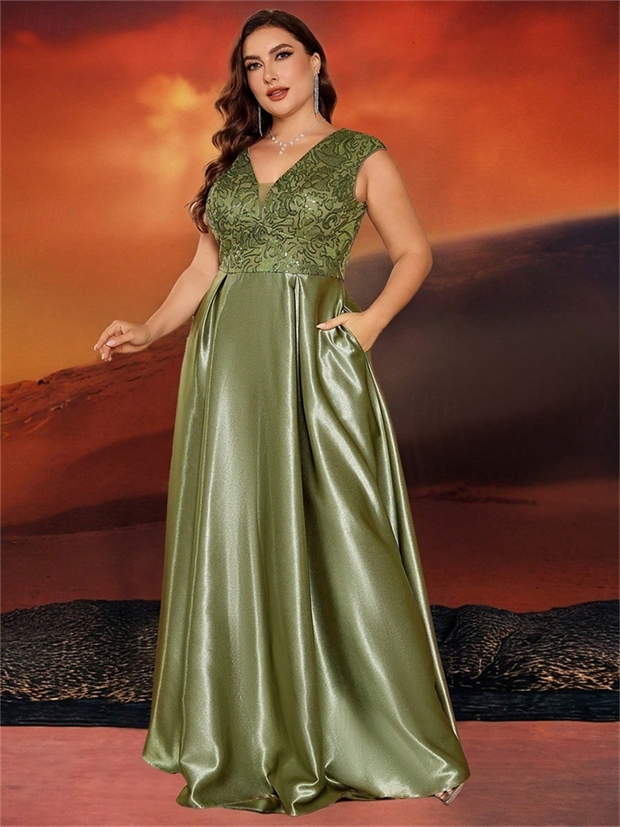 Robe A-Line Grande Taille Élégante Robe Courbe De Mariage Formelle Longue Au Sol Manches Courtes Col en V Satin Dos Nu Avec Plis 2025 de 2025 ? $119.99 –P40