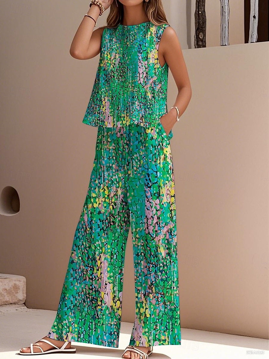 Completo due pezzi elegante da donna, stile streetwear, con camicetta, gilet, pantaloni, senza maniche, girocollo, casual, da lavoro, per attività all'aperto, con stampa floreale, per le vacanze, vintage, per tutti i giorni, blu, viola, fucsia, estivo, ve del 2025 a $36.99 –P3