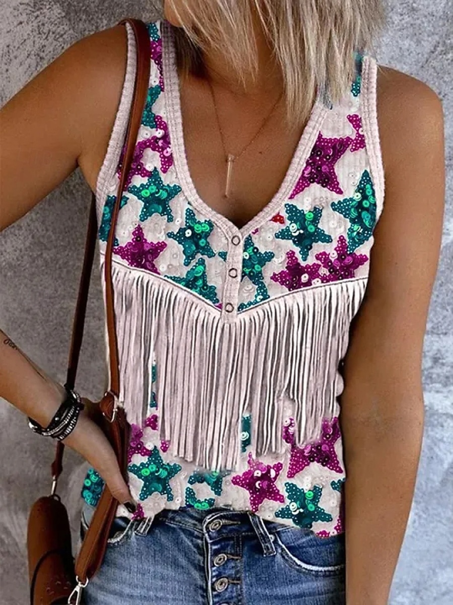 Giorno dell'Indipendenza Maglietta Canotta da Donna Bandiera Elegante Casual Senza Maniche V Collo Crop Tops Da Giorno Stampa Viola Verde Beige Estate Primavera del 2026 a $19.99 –P2