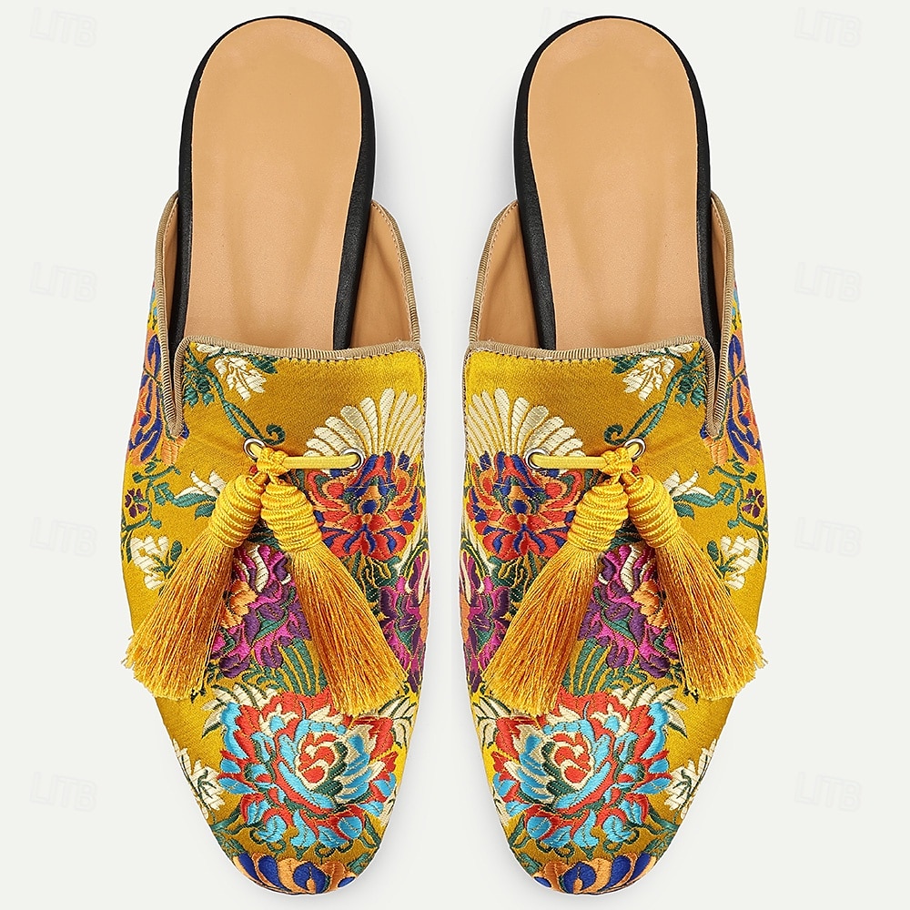 Gele premium runderleren muiltjes voor heren met levendige bloemenborduursels en kwastjesdetails – chique schoenen voor zomerse bijeenkomsten en informele festiviteiten 2026 - $99.99 –P4