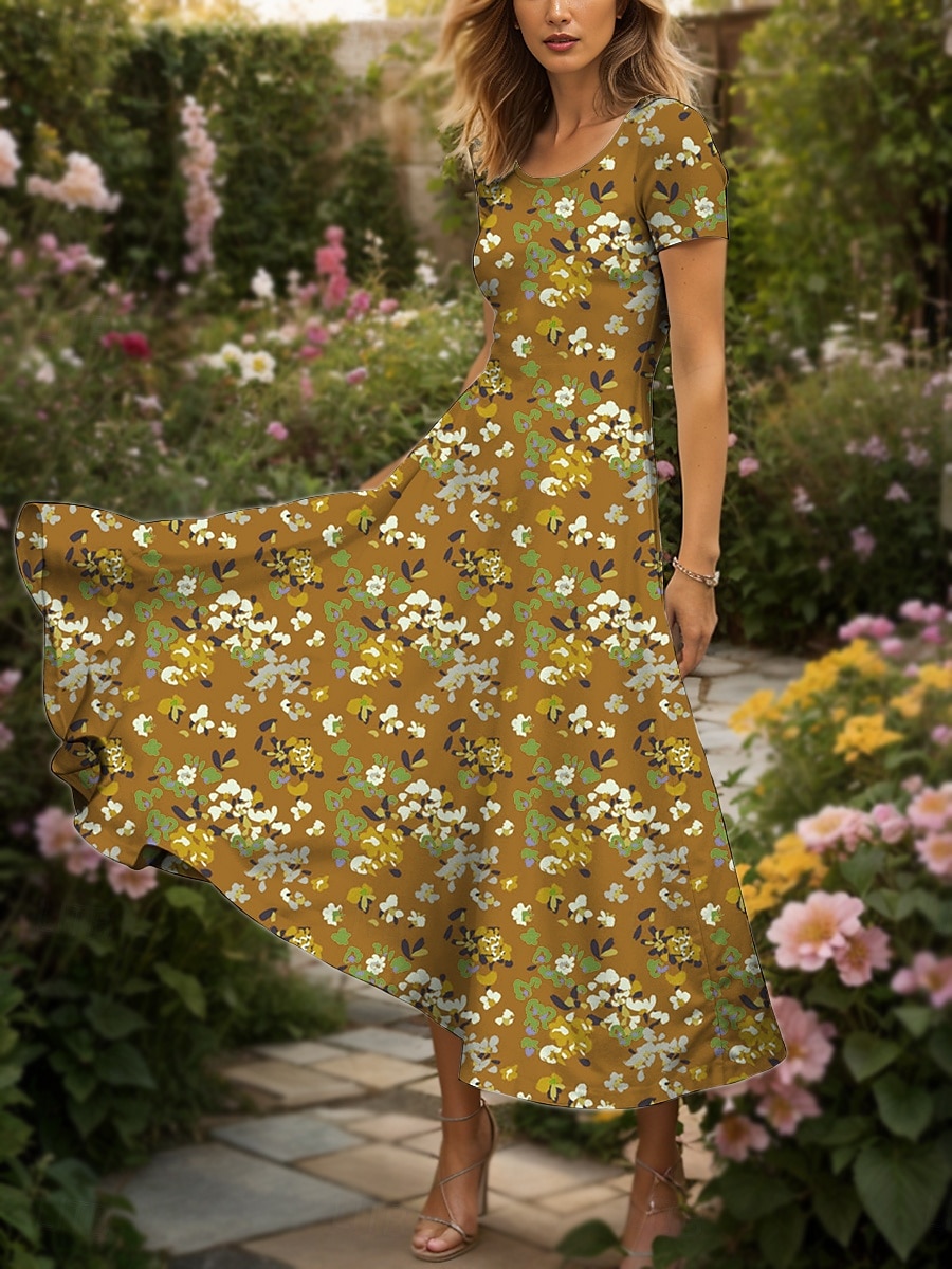 Women's Maxi Dress Knit Dress Casual Dress Sundress A Line Dress Elegant Vacation Casual Regular Fit Floral Graphic Short Sleeve Square Neck Yellow Red Blue Purple Summer 2025 - $30.99 –P7