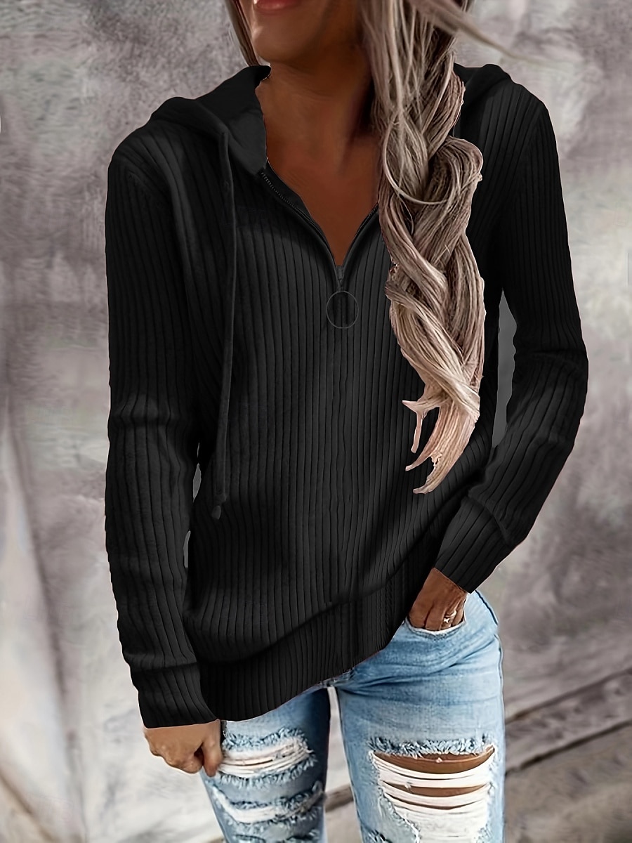 Pentru femei Pulover Casual Moale Culoare pură Striat Capișon Tricotat Manșon Lung Topuri obișnuite Tricotat În aer liber Zilnic Sfârșit de săptămână Negru Alb Toamnă Iarnă 2025 - $23.99 –P4