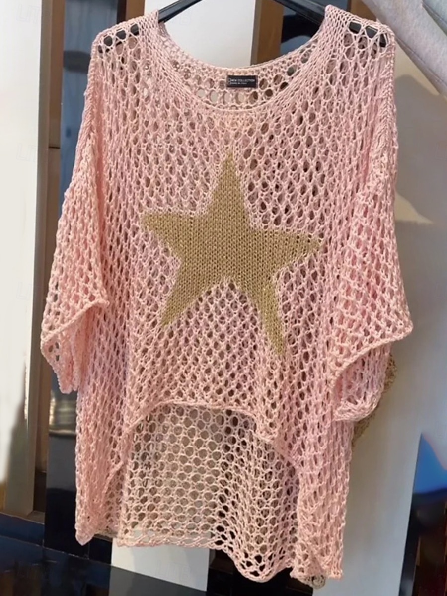 Dame Bluse Stjerne Stilfull Fritid 3/4 ermer Crew-hals Vanlige topper Daglig Utskjæring Svart Hvit Rosa Oransje Kakifarget Sommer 2025 - $26.99 –P5