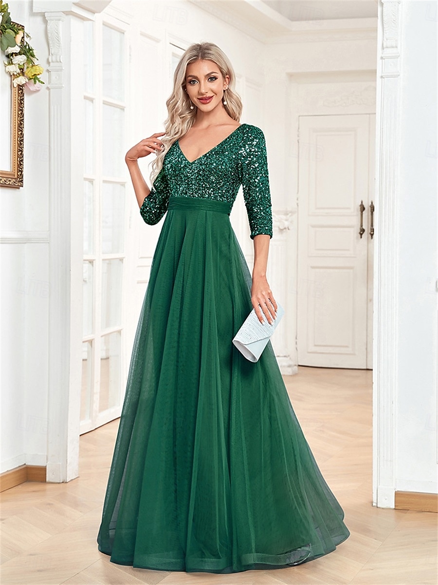 A-linjainen Quinceanera-Mekot Elegantti Mekko Virallinen Häät Lattiapituus Puolihihainen V-kaula-aukko Tylli Strassilla 2025 - $99.99 –P28