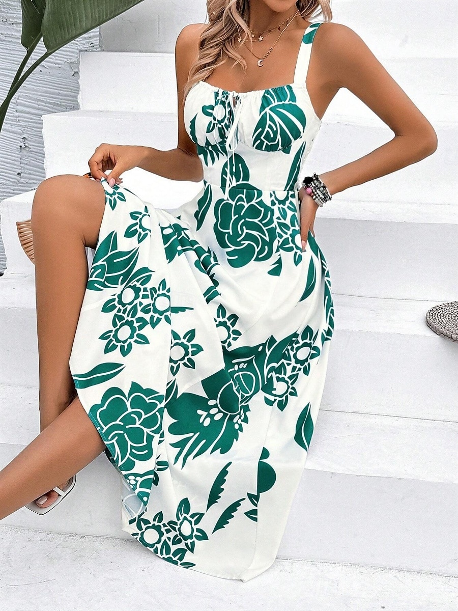 Női Maxiruha A vonalú ruha Slip ruha Szabadság Alkalmi Boho Szabadtéri Alkalmi Normál Virágos Ujjatlan Spagettipánt Sötétkék Medence Lóhere Nyár Tavasz 2025 - $34.99 –P12