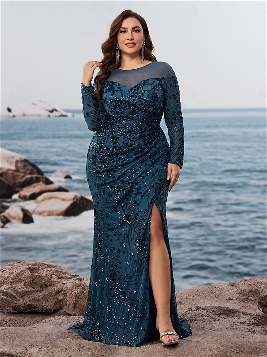 Havfrue Trumpet Plus Size Kjoler Elegant Kurve Kjole Formell Bryllup Gulvlengde Lang Erme Crew Neck Polyester med Splitt 2025 - $129.99 –P1