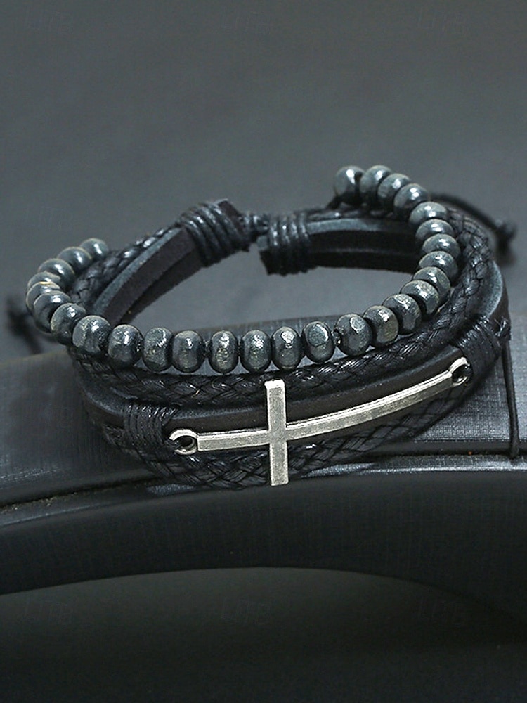 Gothic-Kreuz-Lederperlenarmband für Herren – mehrlagiges Vintage-Armband für Halloween-Partys und Retro-Punk-Stil 2025 - $9.99 –P3